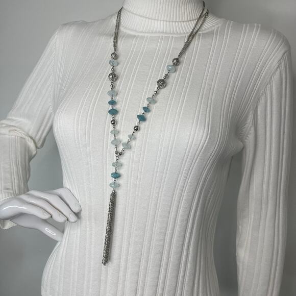 necklace blue faceted beads in silver tone setting tassel chic boho bohemian - Picture 5 of 11